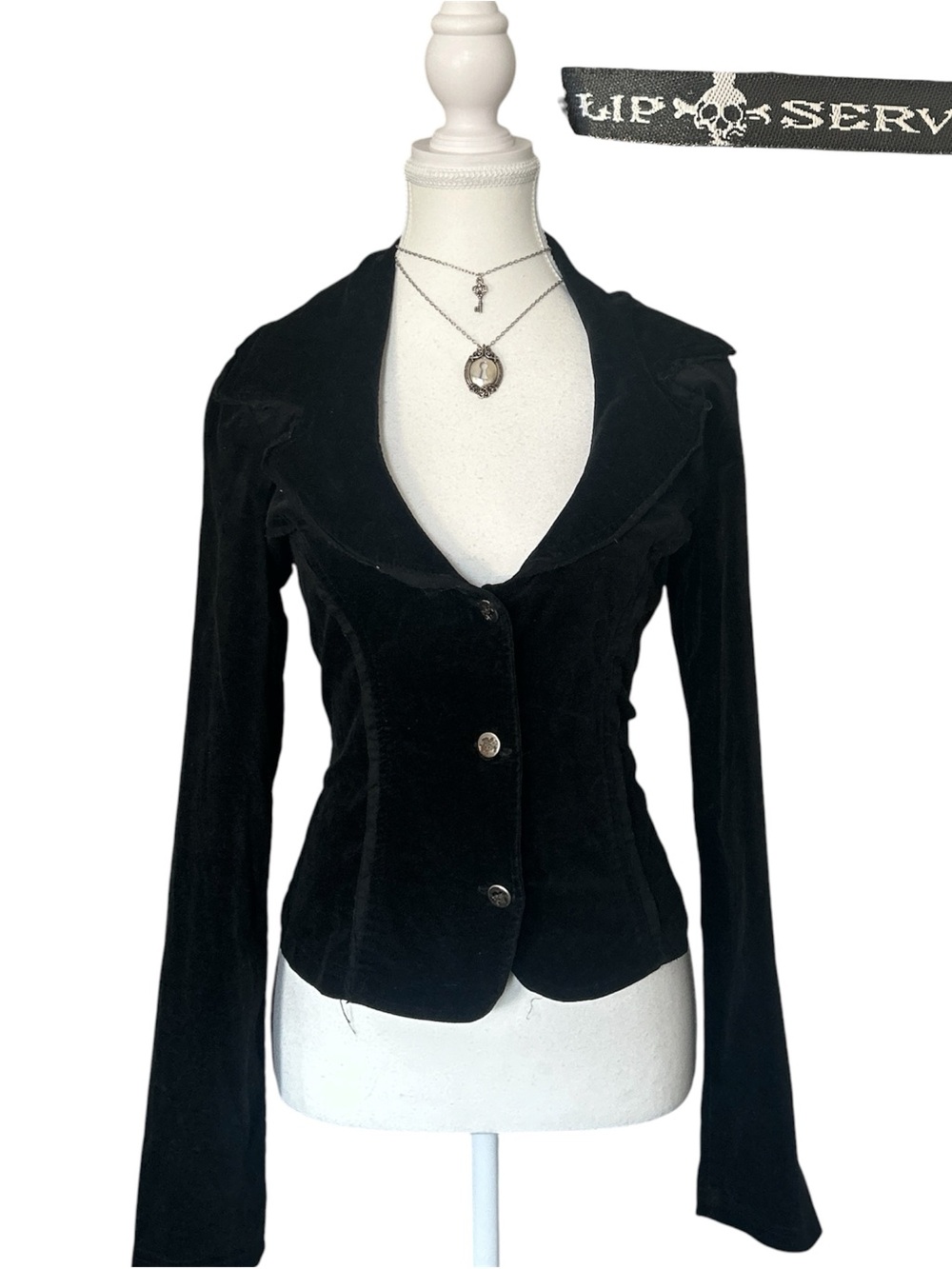 Goth “Lip Service” Black Crushed Velvet Button-up Lace Up Blazer Jacket